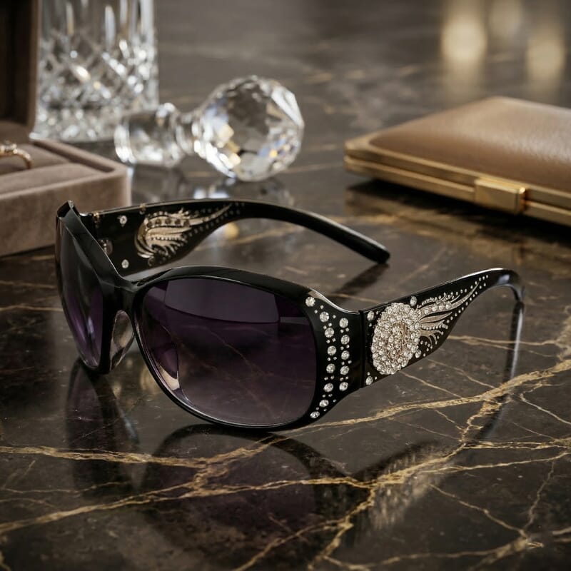 Livmore Black UV400 Rhinestone Sunglasses with Case