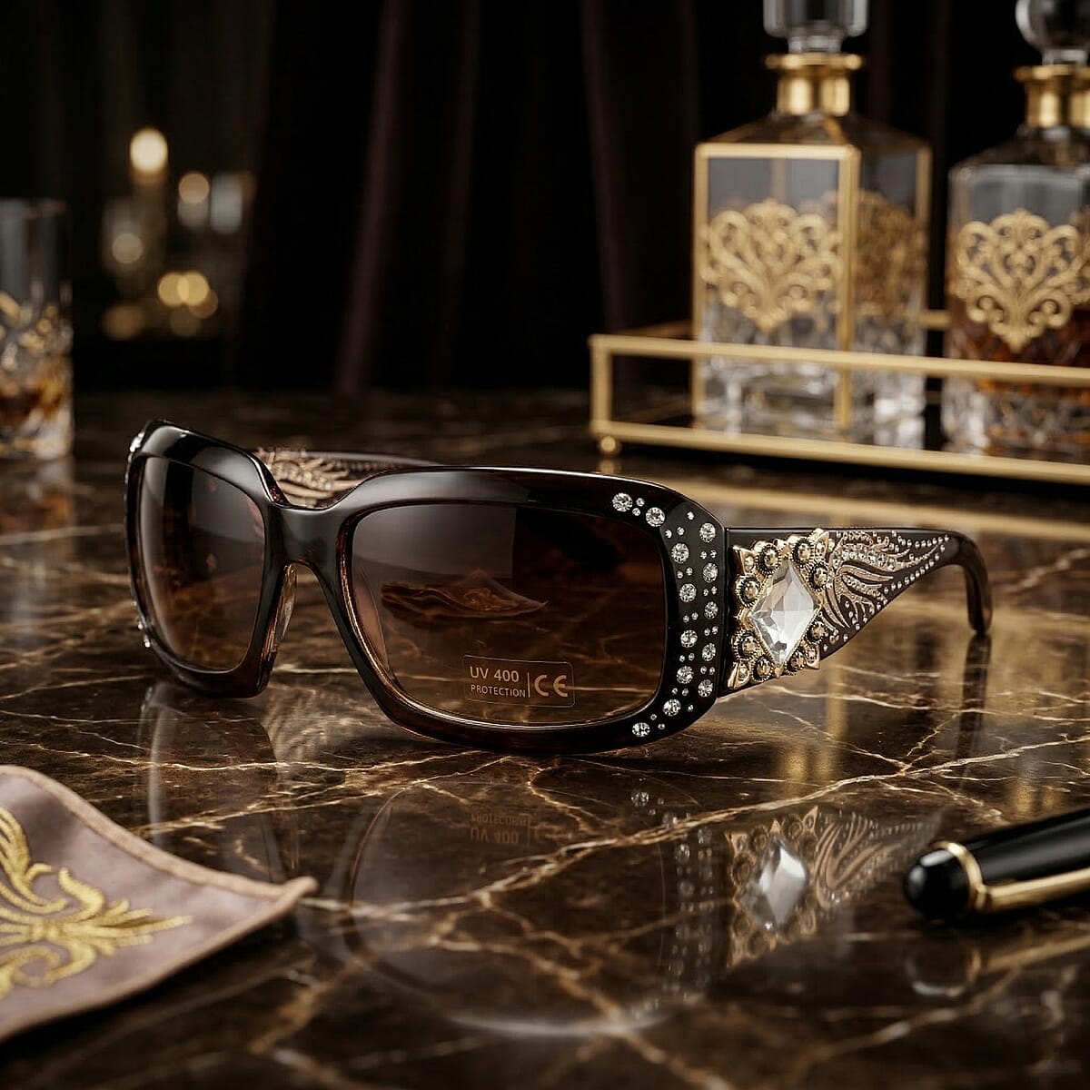 Livmore Brown UV400 Rhinestone Sunglasses with Case image number 1