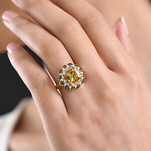 D'Joy Premium Golden Apatite and Multi Gemstone 3.85 ctw Radiant Bloom Ring in 18K Vermeil Yellow Gold Over Sterling Silver (Size 10.0)