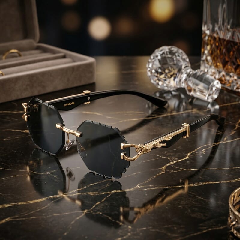 Livmore Black UV400 Panther-accent Temples Design Sunglasses