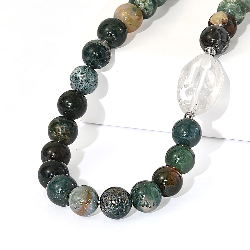 EverTrue Moss Agate and Austrian Crystal 328.00 ctw Beaded Necklace in Platinum Over 18 Inches