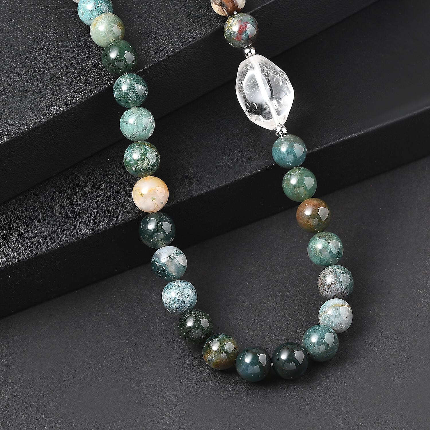 EverTrue Moss Agate and Austrian Crystal 328.00 ctw Beaded Necklace in Platinum Over 18 Inches 