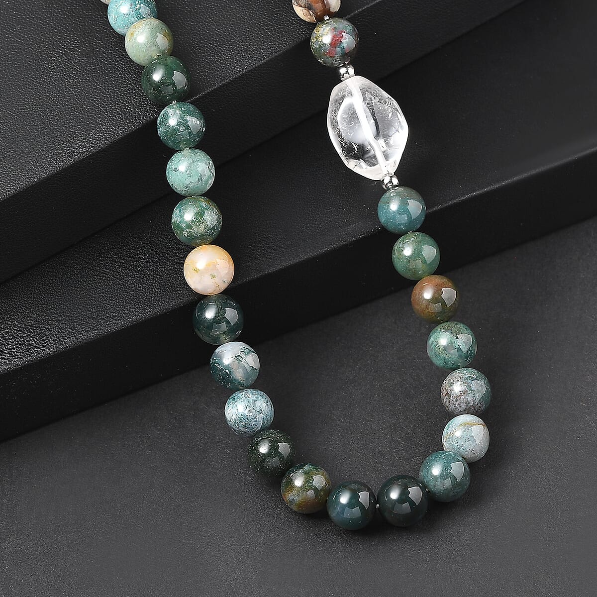 EverTrue Moss Agate and Austrian Crystal 328.00 ctw Beaded Necklace in Platinum Over 18 Inches  image number 1