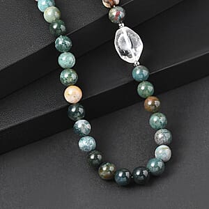 EverTrue Moss Agate and Austrian Crystal 328.00 ctw Beaded Necklace in Platinum Over 18 Inches 
