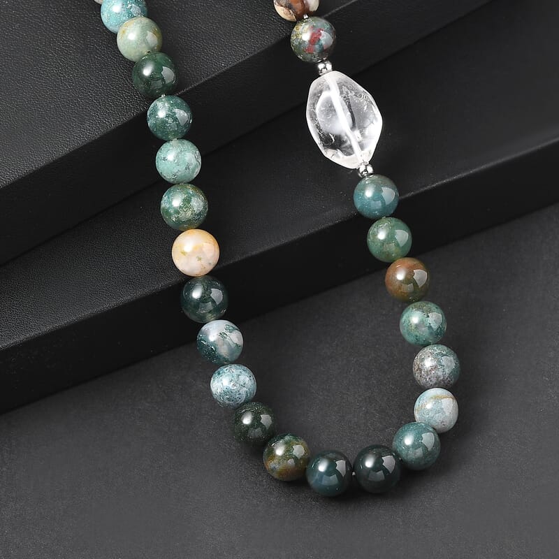 EverTrue Moss Agate and Austrian Crystal 328.00 ctw Beaded Necklace in Platinum Over 18 Inches