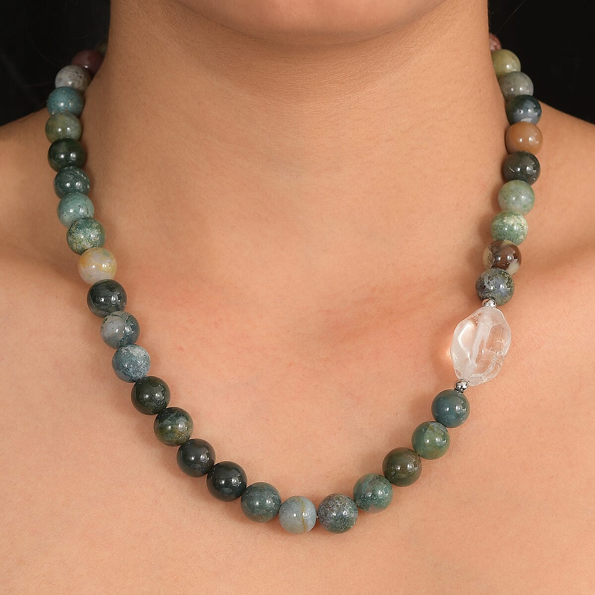 EverTrue Moss Agate and Austrian Crystal 328.00 ctw Beaded Necklace in Platinum Over 18 Inches  image number 2