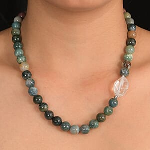 EverTrue Moss Agate and Austrian Crystal 328.00 ctw Beaded Necklace in Platinum Over 18 Inches 