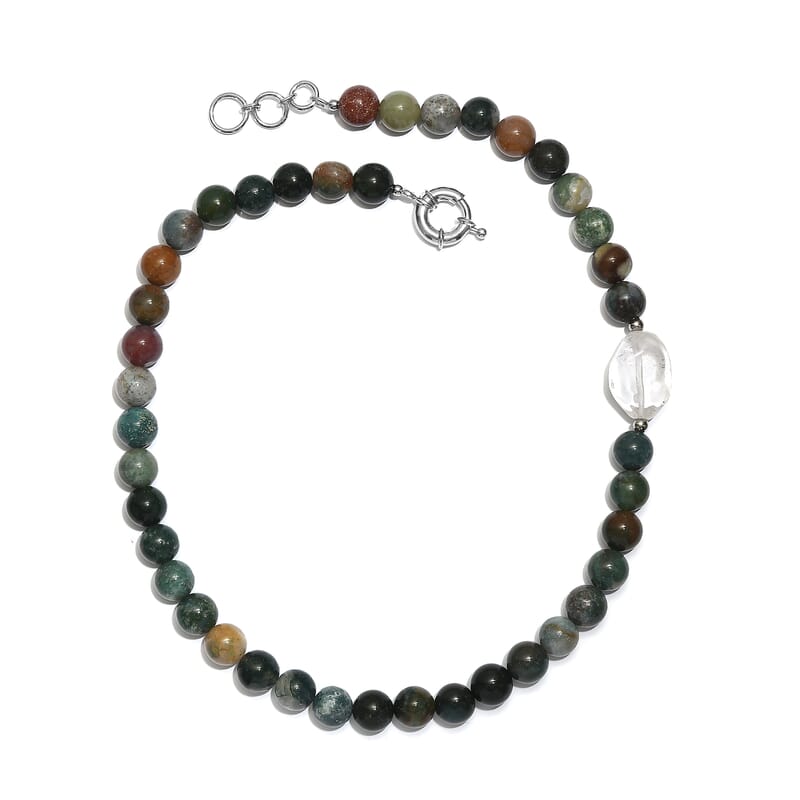 EverTrue Moss Agate and Austrian Crystal 328.00 ctw Beaded Necklace in Platinum Over 18 Inches
