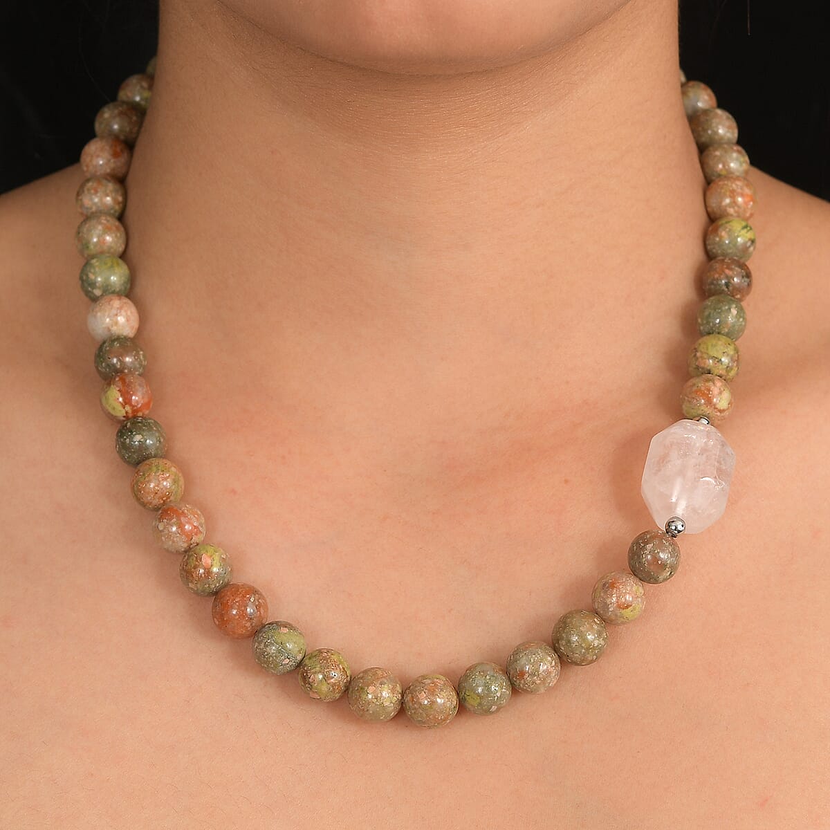 EverTrue Autumn Jasper and Galilea Rose Quartz 310.00 ctw Beaded Necklace (18 Inches) in Platinum Bond image number 2