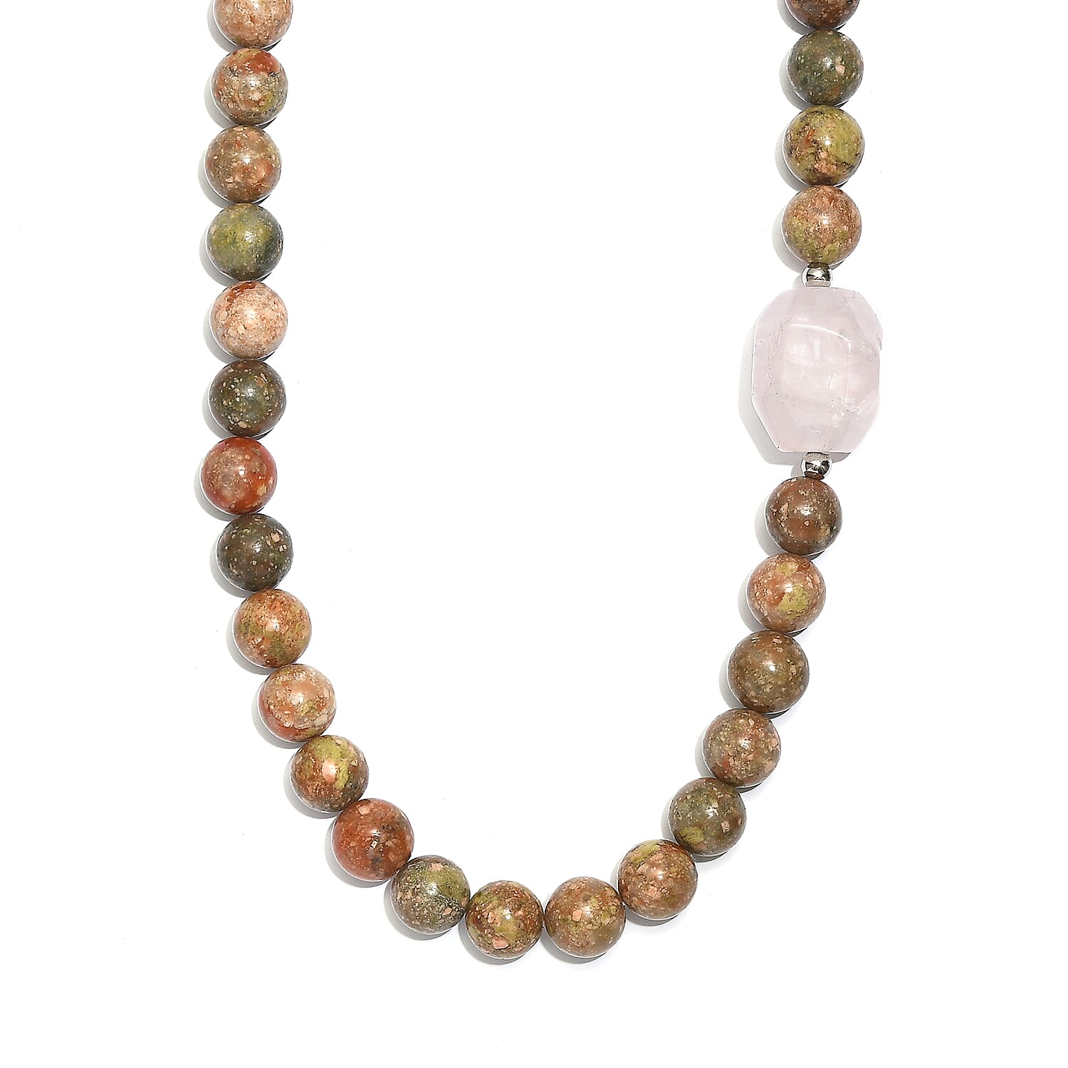 EverTrue Autumn Jasper and Galilea Rose Quartz 310.00 ctw Beaded Necklace (18 Inches) in Platinum Bond