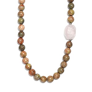 EverTrue Autumn Jasper and Galilea Rose Quartz 310.00 ctw Beaded Necklace (18 Inches) in Platinum Bond