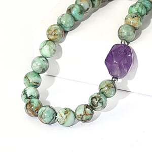 EverTrue Green Jasper and African Amethyst 310.00 ctw Beaded Necklace (18 Inches) in Platinum Bond