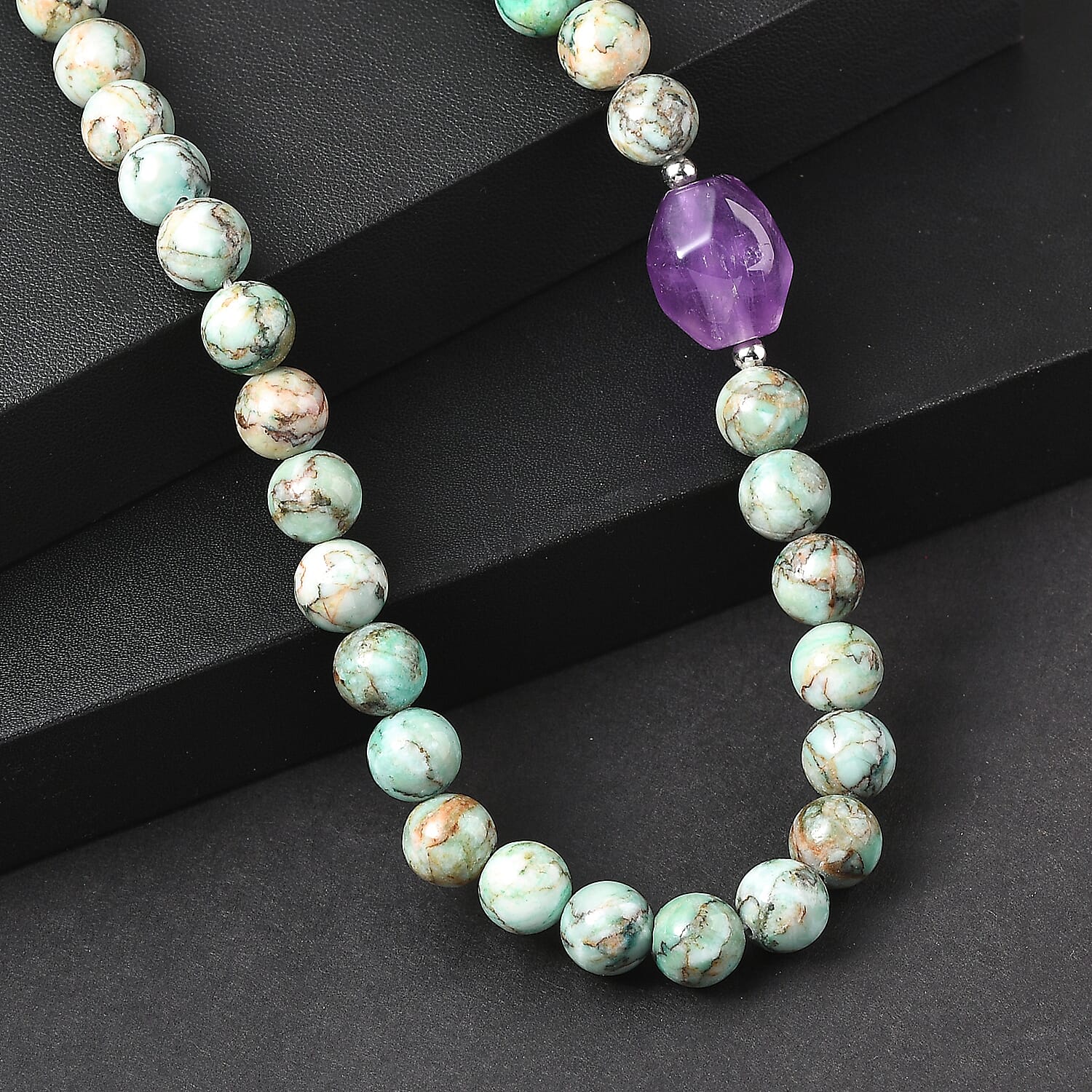 EverTrue Green Jasper and African Amethyst 310.00 ctw Beaded Necklace (18 Inches) in Platinum Bond