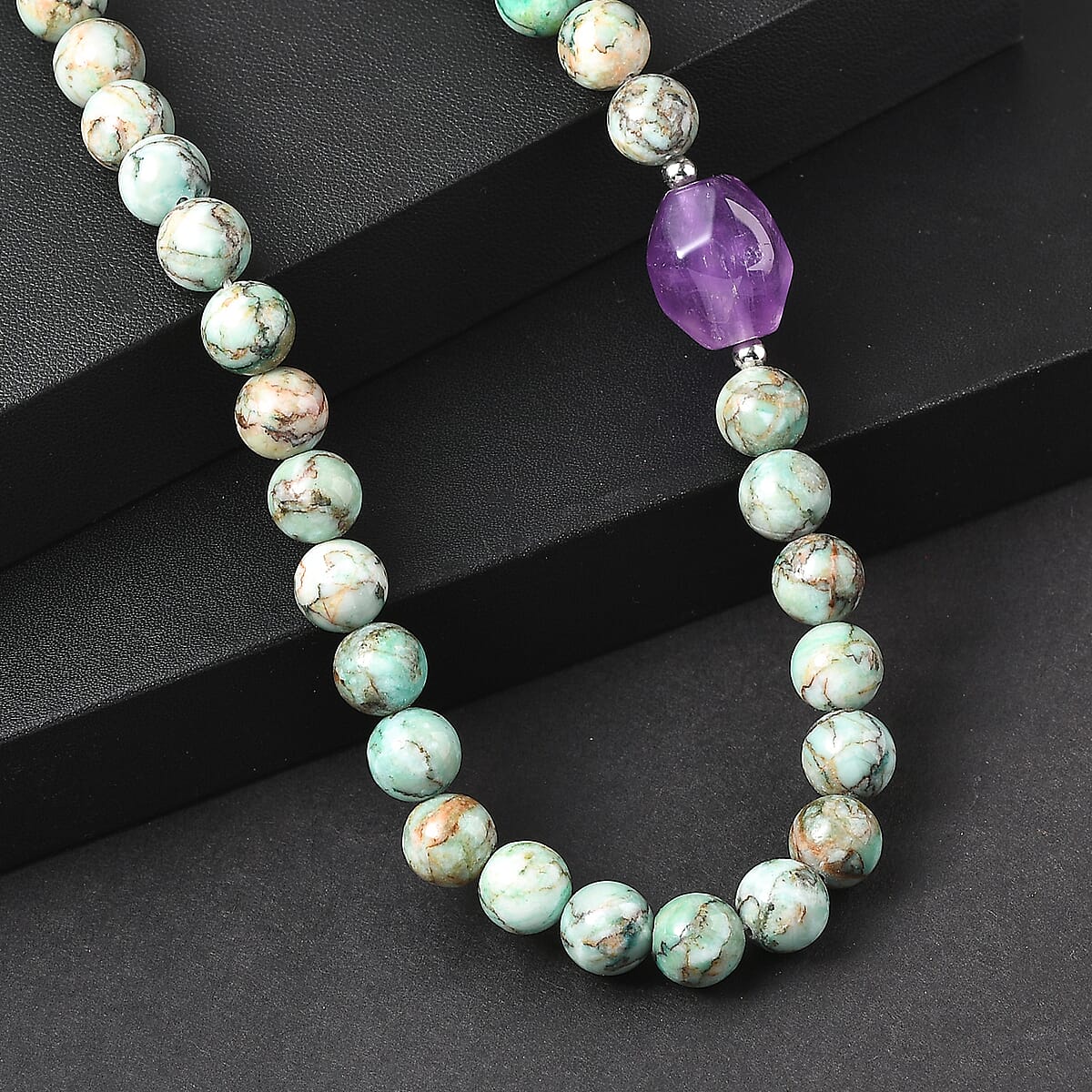EverTrue Green Jasper and African Amethyst 310.00 ctw Beaded Necklace (18 Inches) in Platinum Bond image number 1