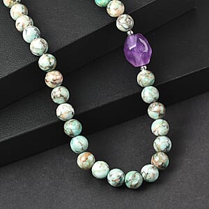 EverTrue Green Jasper and African Amethyst 310.00 ctw Beaded Necklace (18 Inches) in Platinum Bond