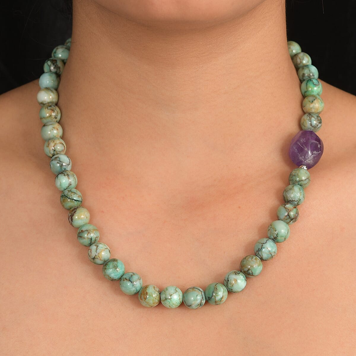 EverTrue Green Jasper and African Amethyst 310.00 ctw Beaded Necklace (18 Inches) in Platinum Bond image number 2