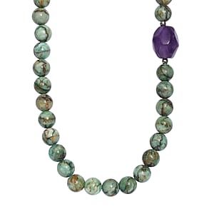 EverTrue Green Jasper and African Amethyst 310.00 ctw Beaded Necklace (18 Inches) in Platinum Bond