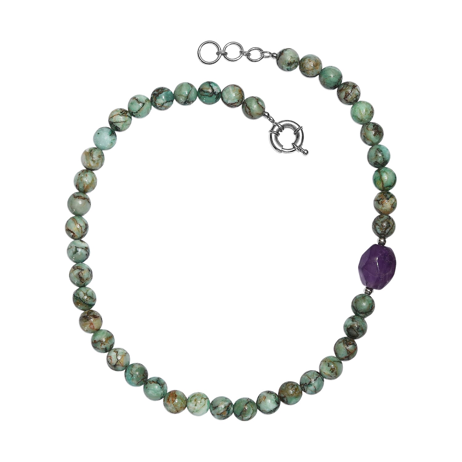 EverTrue Green Jasper and African Amethyst 310.00 ctw Beaded Necklace (18 Inches) in Platinum Bond
