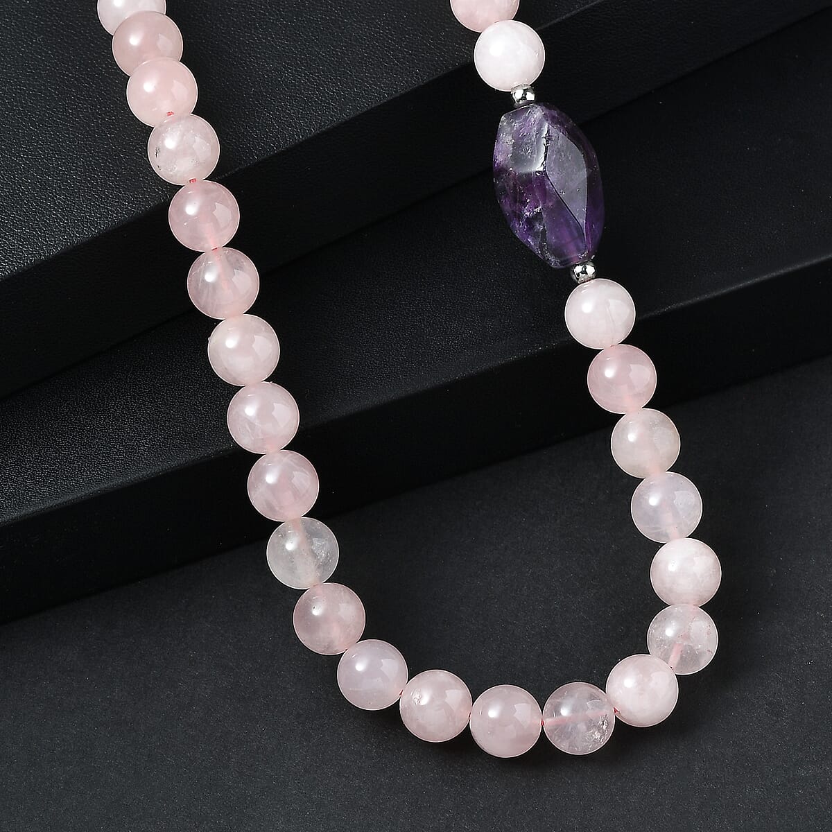 EverTrue Galilea Rose Quartz and African Amethyst 310.00 ctw Beaded Necklace (18 Inches) in Platinum Bond image number 1