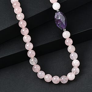 EverTrue Galilea Rose Quartz and African Amethyst 310.00 ctw Beaded Necklace (18 Inches) in Platinum Bond
