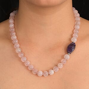 EverTrue Galilea Rose Quartz and African Amethyst 310.00 ctw Beaded Necklace (18 Inches) in Platinum Bond