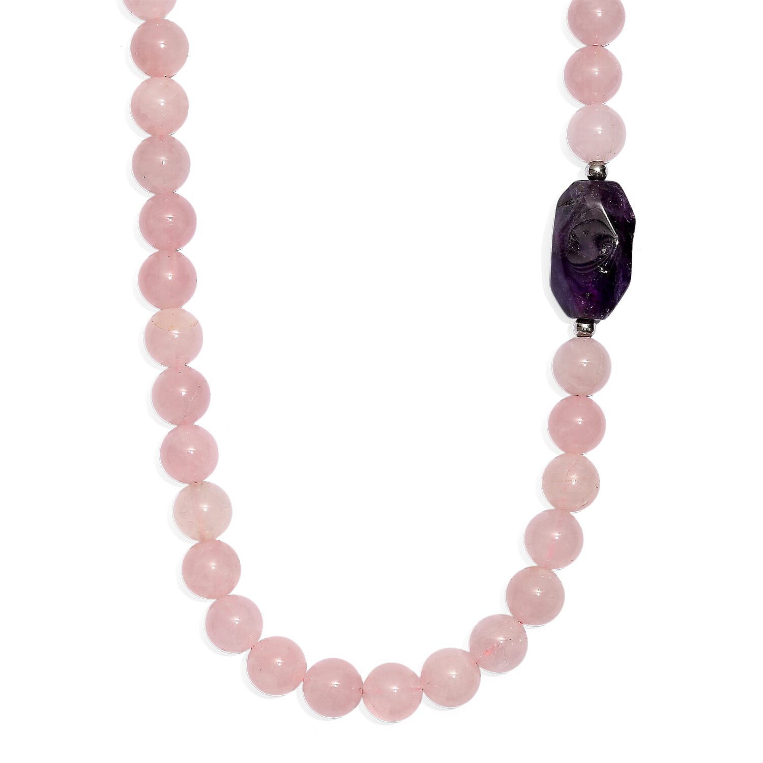 EverTrue Galilea Rose Quartz and African Amethyst 310.00 ctw Beaded Necklace (18 Inches) in Platinum Bond