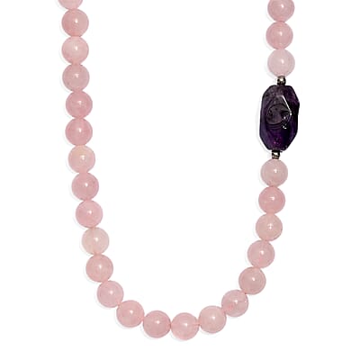 EverTrue Galilea Rose Quartz and African Amethyst 310.00 ctw Beaded Necklace (18 Inches) in Platinum Bond