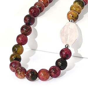 EverTrue Multi Jasper and Galilea Rose Quartz 310.00 ctw Beaded Necklace (18 Inches) in Platinum Bond