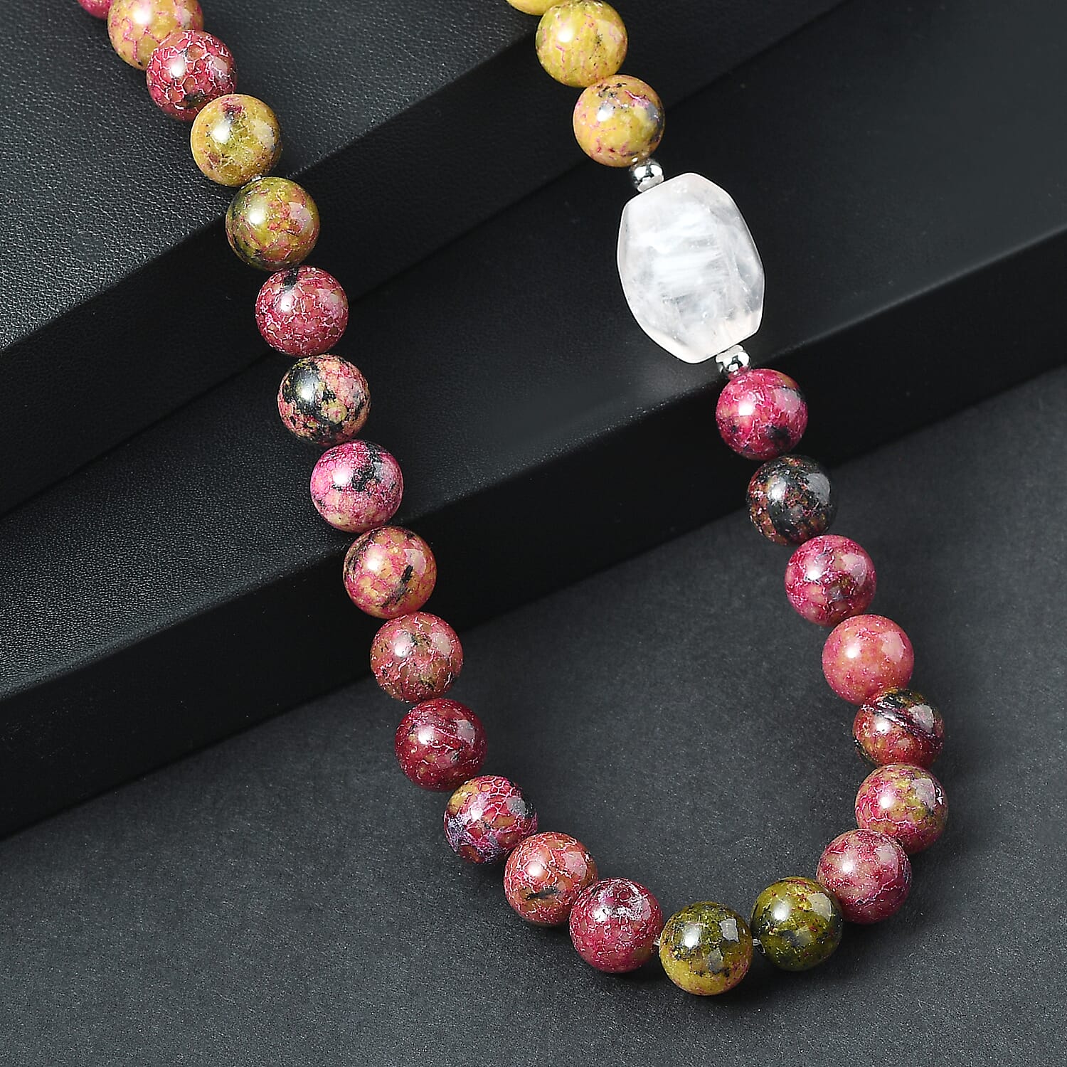 EverTrue Multi Jasper and Galilea Rose Quartz 310.00 ctw Beaded Necklace (18 Inches) in Platinum Bond