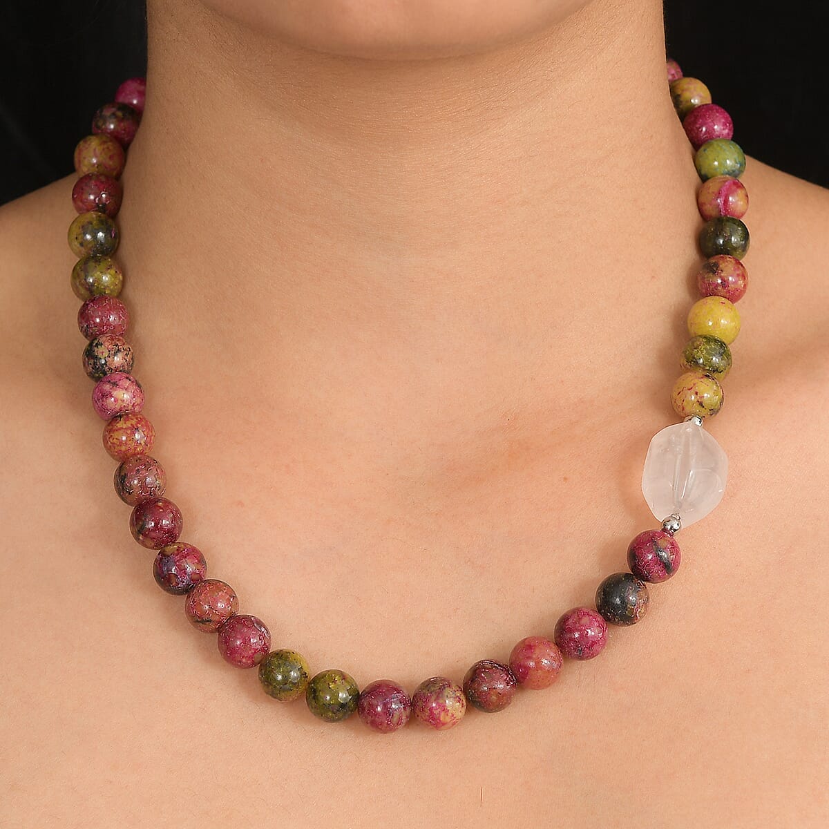 EverTrue Multi Jasper and Galilea Rose Quartz 310.00 ctw Beaded Necklace (18 Inches) in Platinum Bond image number 2