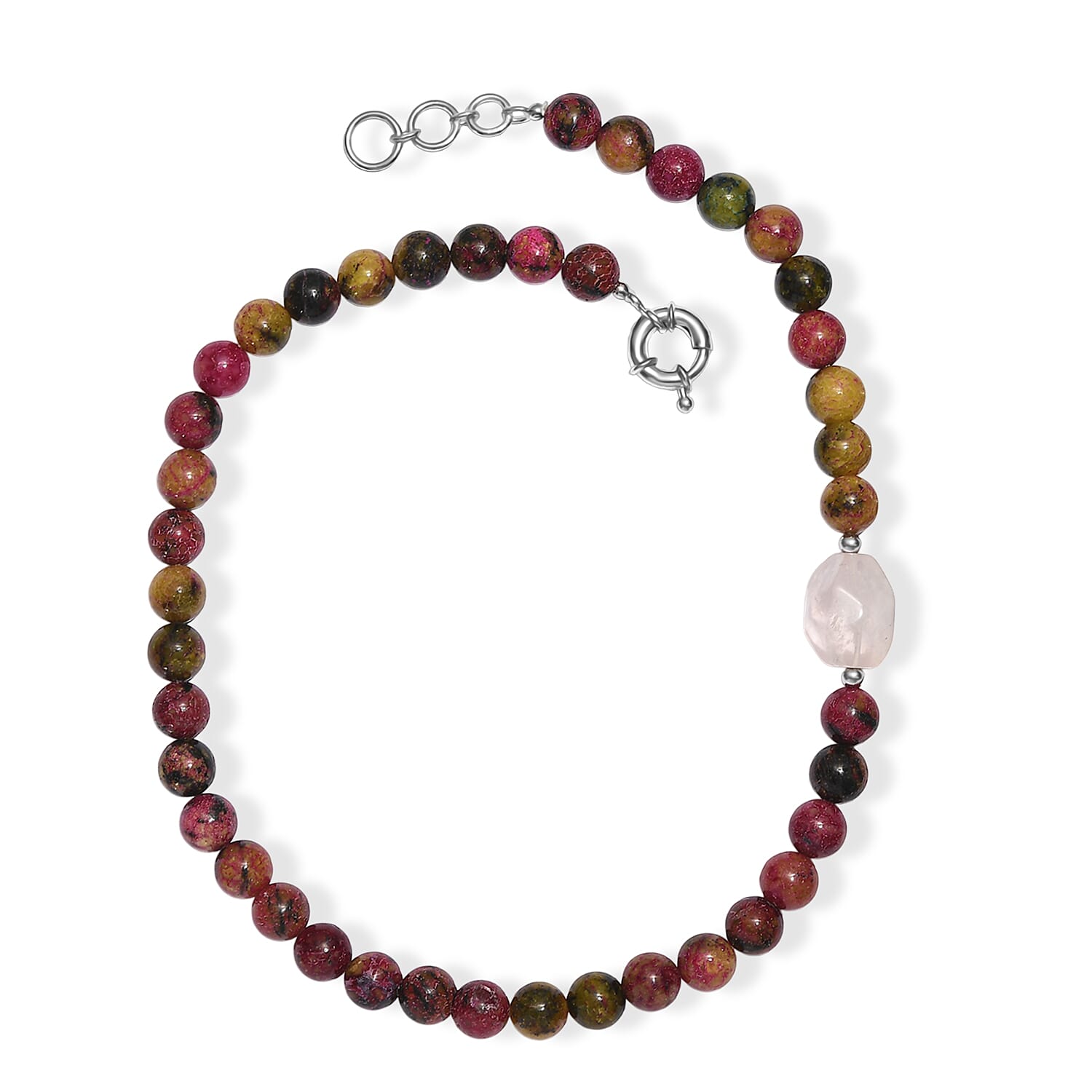 EverTrue Multi Jasper and Galilea Rose Quartz 310.00 ctw Beaded Necklace (18 Inches) in Platinum Bond