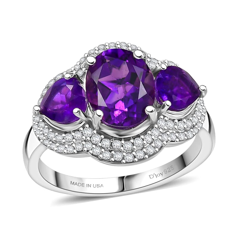 D'Joy Premium Lusaka Amethyst and Moissanite 3.00 ctw Trilogy Ring in Rhodium Over Sterling Silver (Size 10.0)