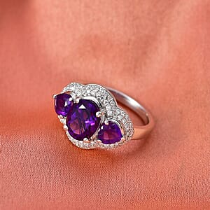 D'Joy Premium Lusaka Amethyst and Moissanite 3.00 ctw Trilogy Ring in Rhodium Over Sterling Silver (Size 10.0)