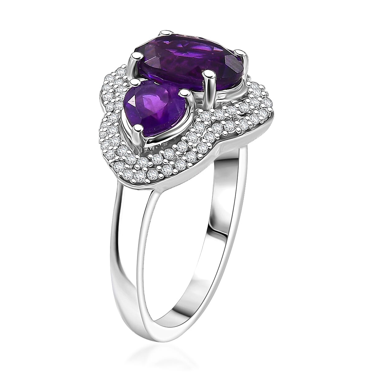 D'Joy Premium Lusaka Amethyst, Moissanite Bloom Trilogy Ring in Rhodium Over Sterling Silver (Size 10.0) 3.00 ctw image number 3