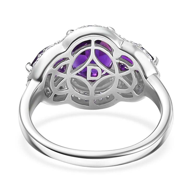 D'Joy Premium Lusaka Amethyst and Moissanite 3.00 ctw Trilogy Ring in Rhodium Over Sterling Silver (Size 10.0)
