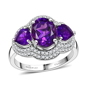 D'Joy Premium Lusaka Amethyst and Moissanite 3.00 ctw Trilogy Ring in Rhodium Over Sterling Silver (Size 6.0)