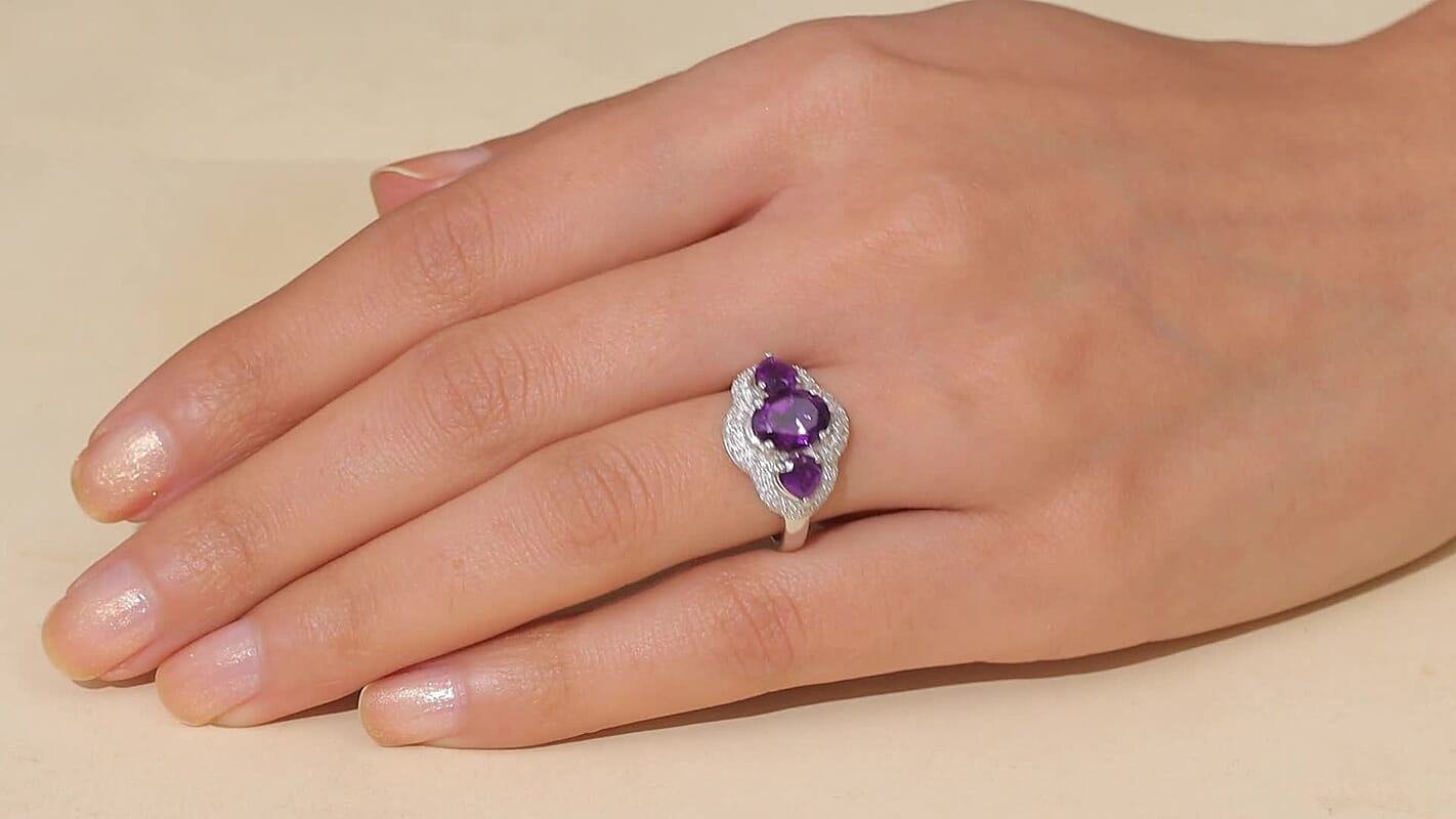 D'Joy Premium Lusaka Amethyst, Moissanite Bloom Trilogy Ring in Rhodium Over Sterling Silver (Size 10.0) 3.00 ctw