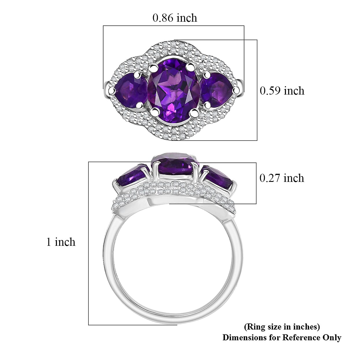 D'Joy Premium Lusaka Amethyst and Moissanite 3.00 ctw Trilogy Ring in Rhodium Over Sterling Silver (Size 6.0) image number 5