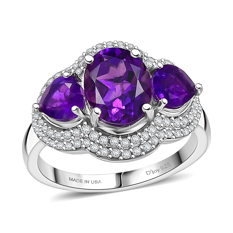 D'Joy Premium Lusaka Amethyst and Moissanite 3.00 ctw Trilogy Ring in Rhodium Over Sterling Silver (Size 7.0)