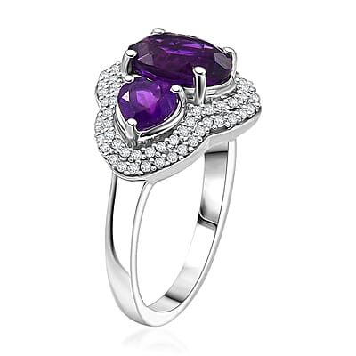 D'Joy Premium Lusaka Amethyst and Moissanite 3.00 ctw Trilogy Ring in Rhodium Over Sterling Silver (Size 7.0)