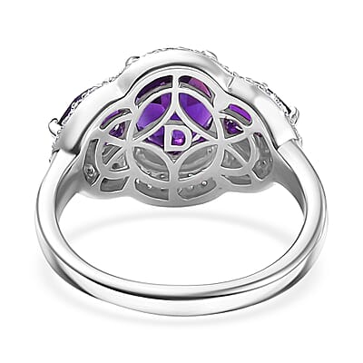 D'Joy Premium Lusaka Amethyst and Moissanite 3.00 ctw Trilogy Ring in Rhodium Over Sterling Silver (Size 7.0)