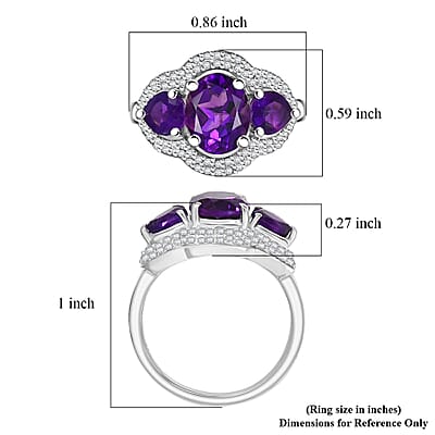D'Joy Premium Lusaka Amethyst and Moissanite 3.00 ctw Trilogy Ring in Rhodium Over Sterling Silver (Size 7.0)