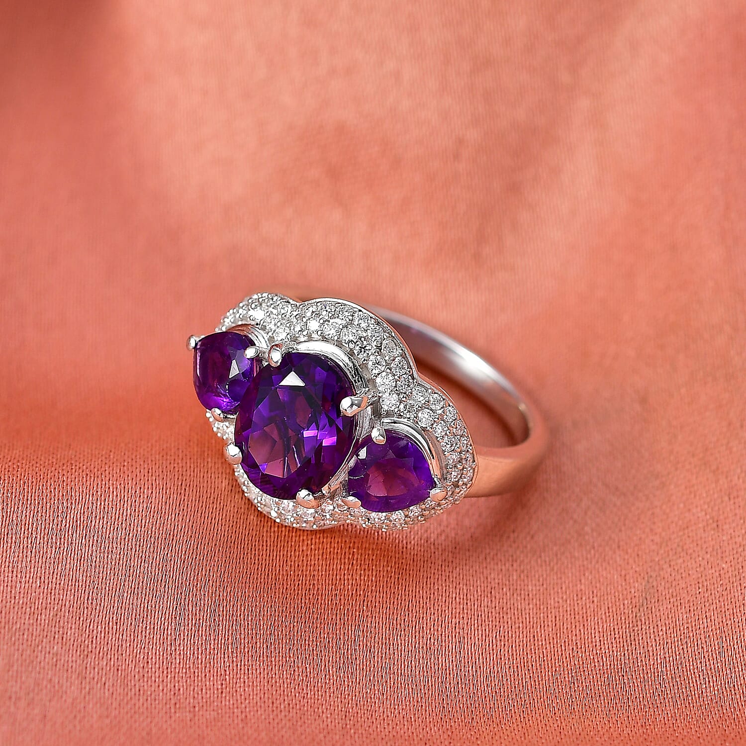 D'Joy Premium Lusaka Amethyst, Moissanite Bloom Trilogy Ring in Rhodium Over Sterling Silver (Size 10.0) 3.00 ctw