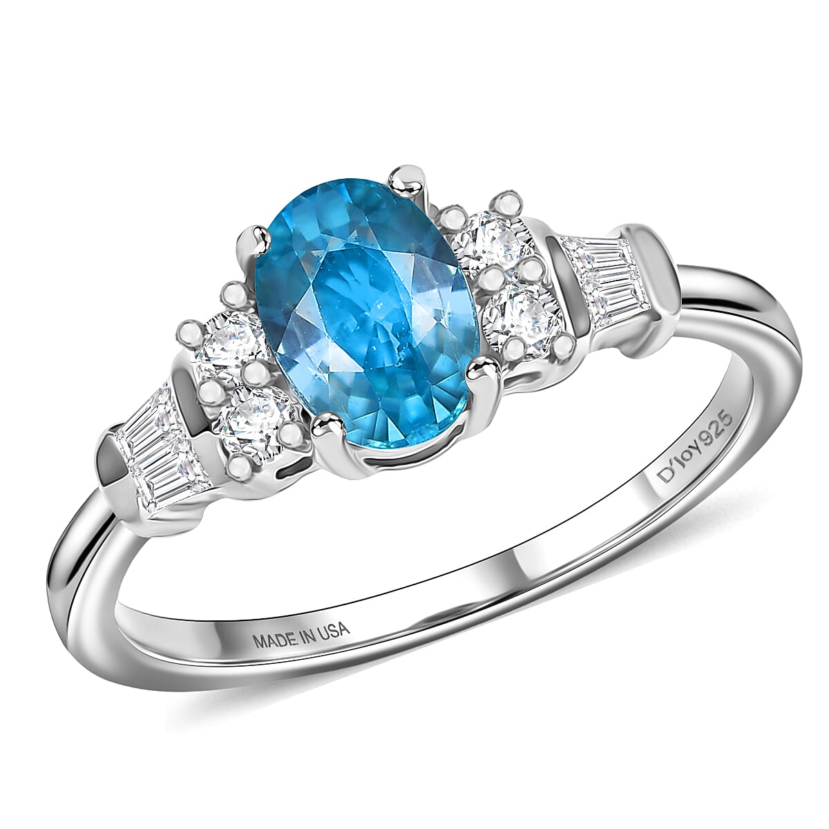 D'Joy Cambodian Blue Zircon, Moissanite Ring in Rhodium Over Sterling Silver (Size 10.0) 1.60 ctw