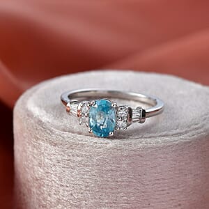 D'Joy Cambodian Blue Zircon and Moissanite 1.60 ctw Ring in Rhodium Over Sterling Silver (Size 6.0)