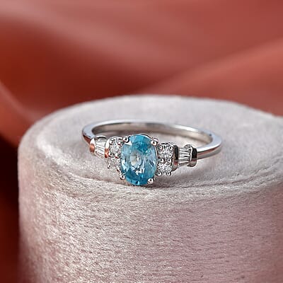 D'Joy Cambodian Blue Zircon and Moissanite 1.60 ctw Ring in Rhodium Over Sterling Silver (Size 6.0)