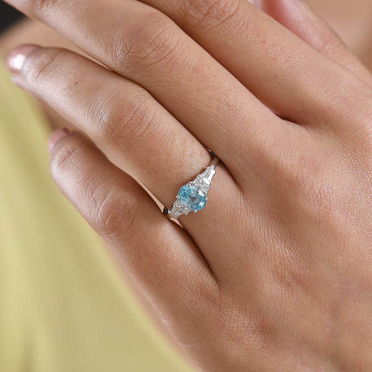 D'Joy Cambodian Blue Zircon and Moissanite 1.60 ctw Ring in Rhodium Over Sterling Silver (Size 6.0) image number 2