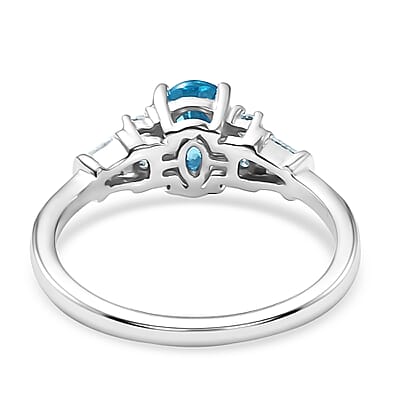 D'Joy Cambodian Blue Zircon and Moissanite 1.60 ctw Ring in Rhodium Over Sterling Silver (Size 6.0)