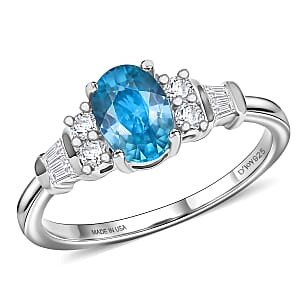 D'Joy Cambodian Blue Zircon and Moissanite 1.60 ctw Ring in Rhodium Over Sterling Silver (Size 7.0)