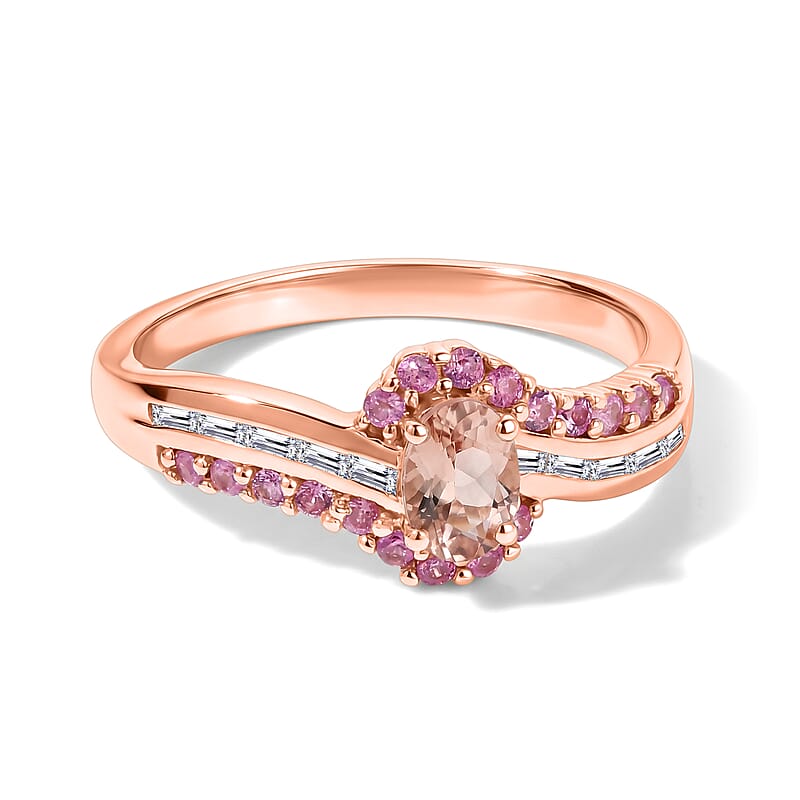 D'Joy Premium Blush Tourmaline and Multi Gemstone 1.00 ctw Blush Wave Statement Ring in 18K Vermeil Rose Gold Over Sterling Silver (Size 10.0)